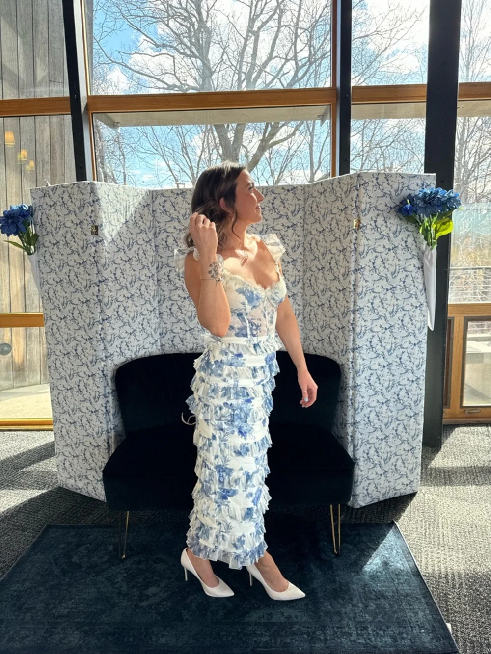 V. Chapman White and Provencal Blue Floral Ruffle Midi Dress - Picture 6 of 6